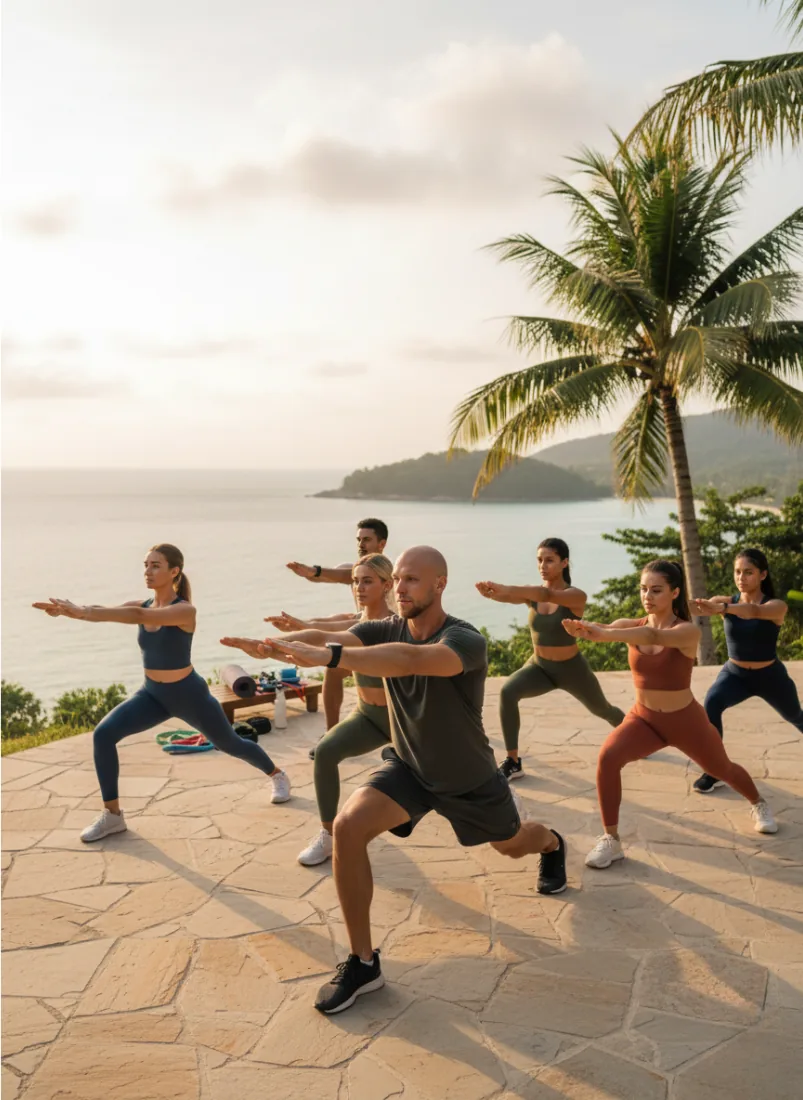 Gemeinsames Training im Freien mit Blick auf das Meer